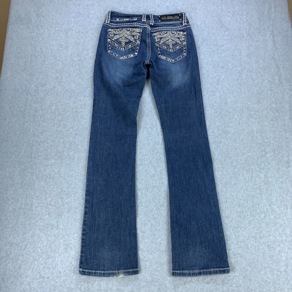 L.A. Idol Bootcut Jeans Womens 7 Blue Rhinestone Embroidered Pockets Stretch